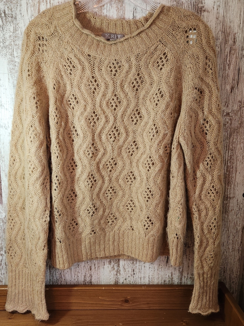 J.Crew Pointelle Open-Knit Alpaca Blend Sweater - Tan Beige Camel Size Large